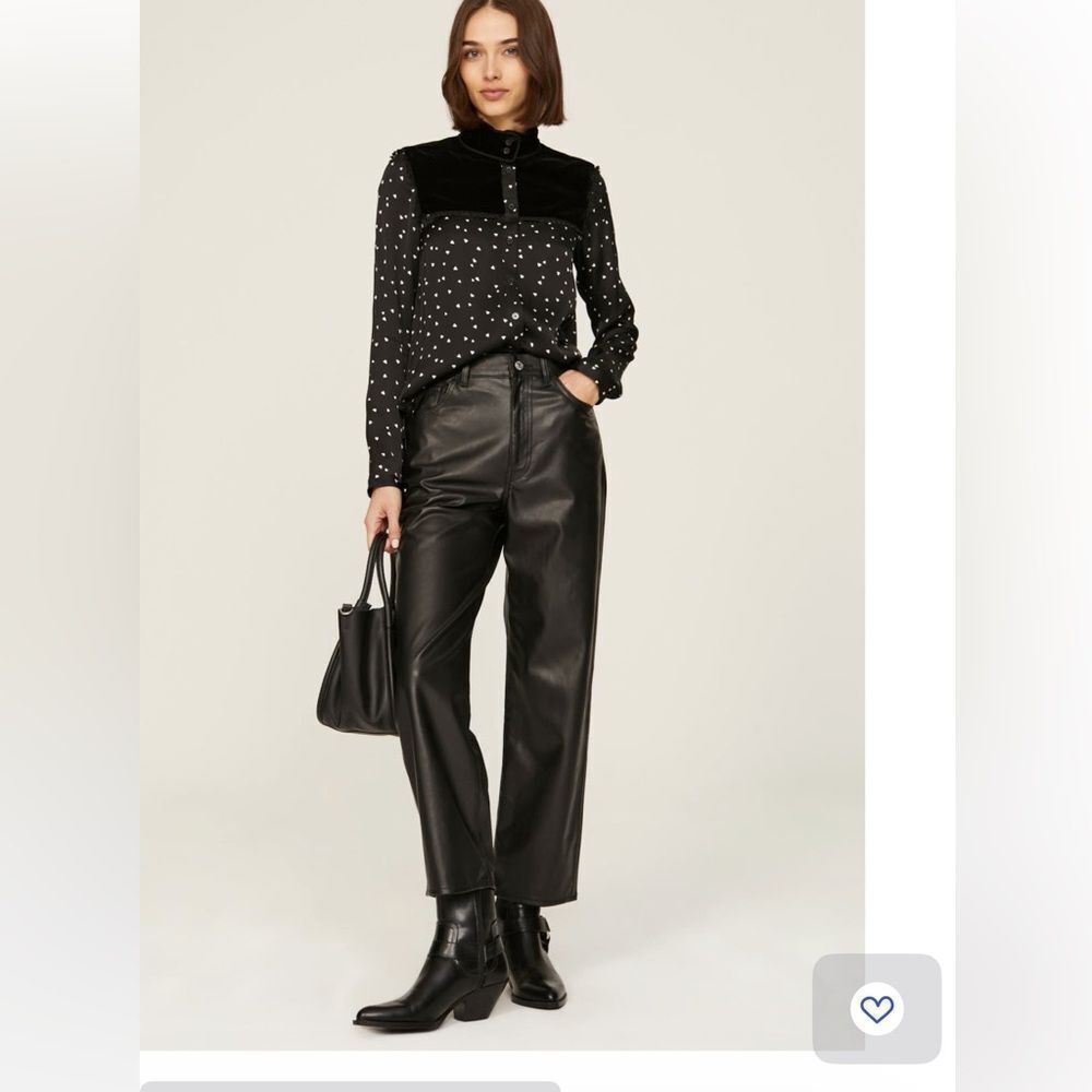 $330 The Kooples Heart Print Top Velvet Yoke Button Front Shirt Black NWT